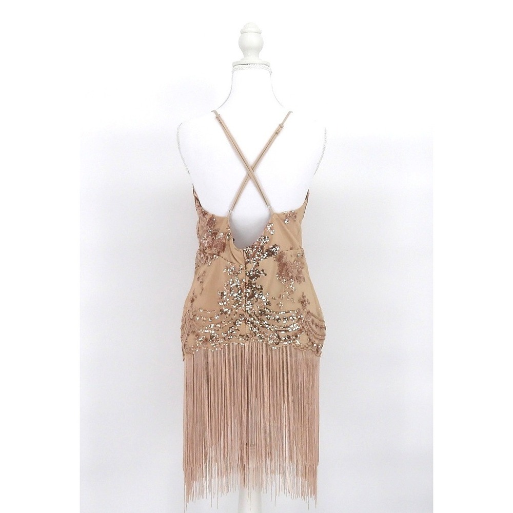 Sequin Fringe Flapper Romper‎ Deep V Gatsby Party Jumper Beige Size M - Picture 3 of 8